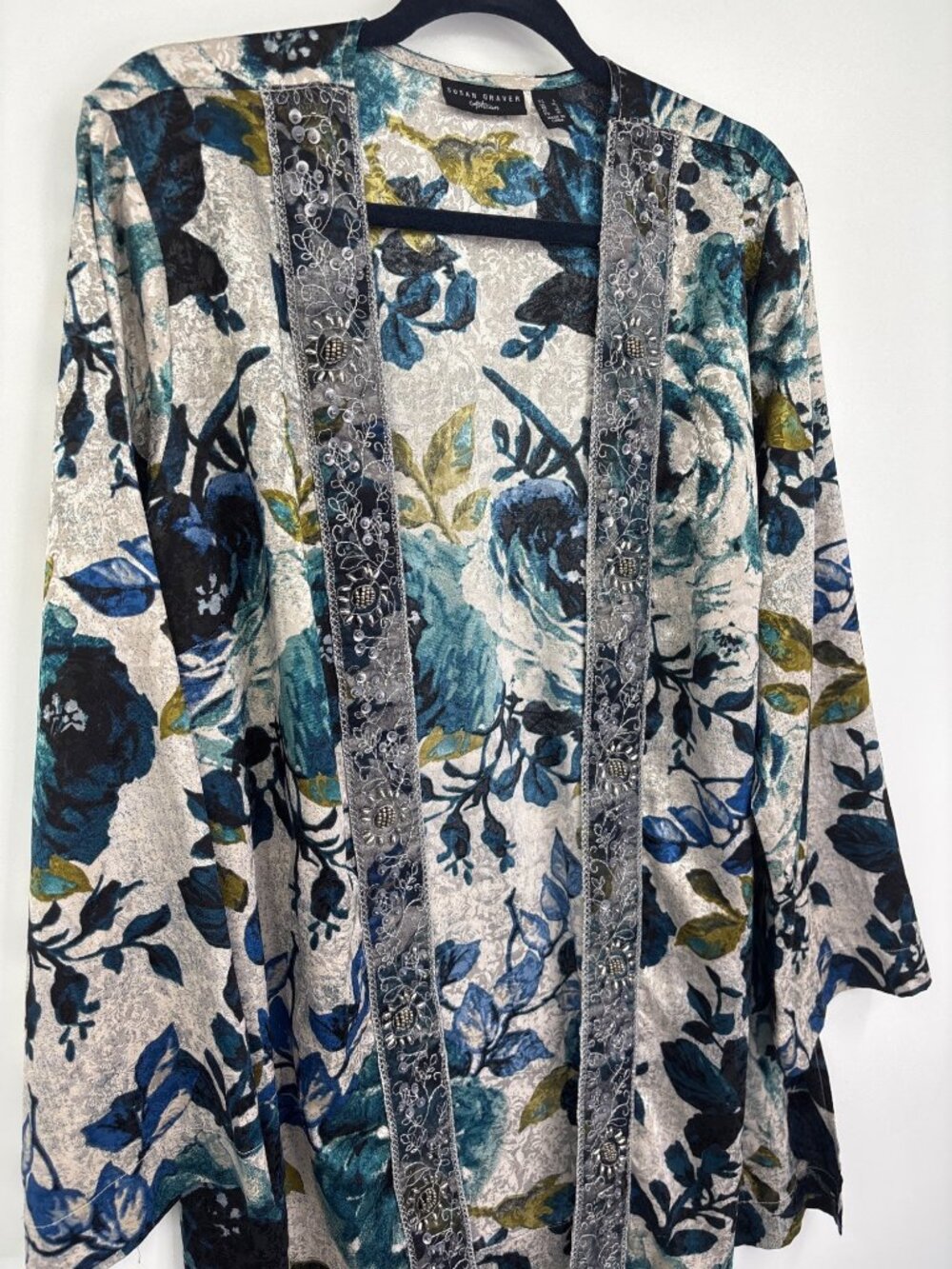 Susan Graver Artisan Collection Jacquard Beaded Kimono Open Cardigan Teal Large - Picture 3 of 6